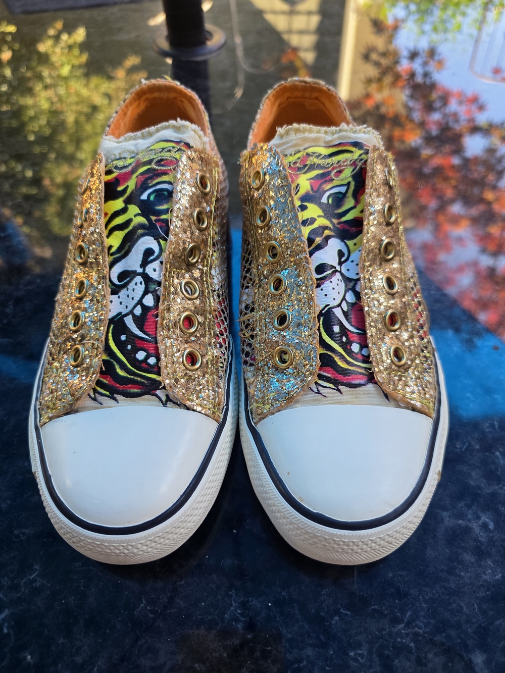 Y2k Ed Hardy Gold Glitter Tiger Print Slip-On Sneakers